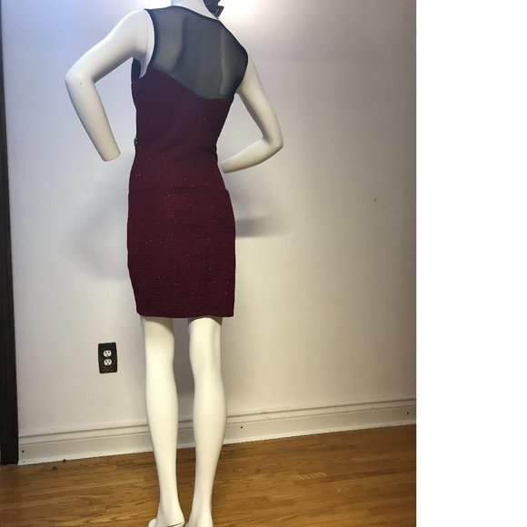 Le Chateau Burgundy Red Shimmer Black Sheer Mesh Bodycon Cocktail dress  NWT - Picture 5 of 5